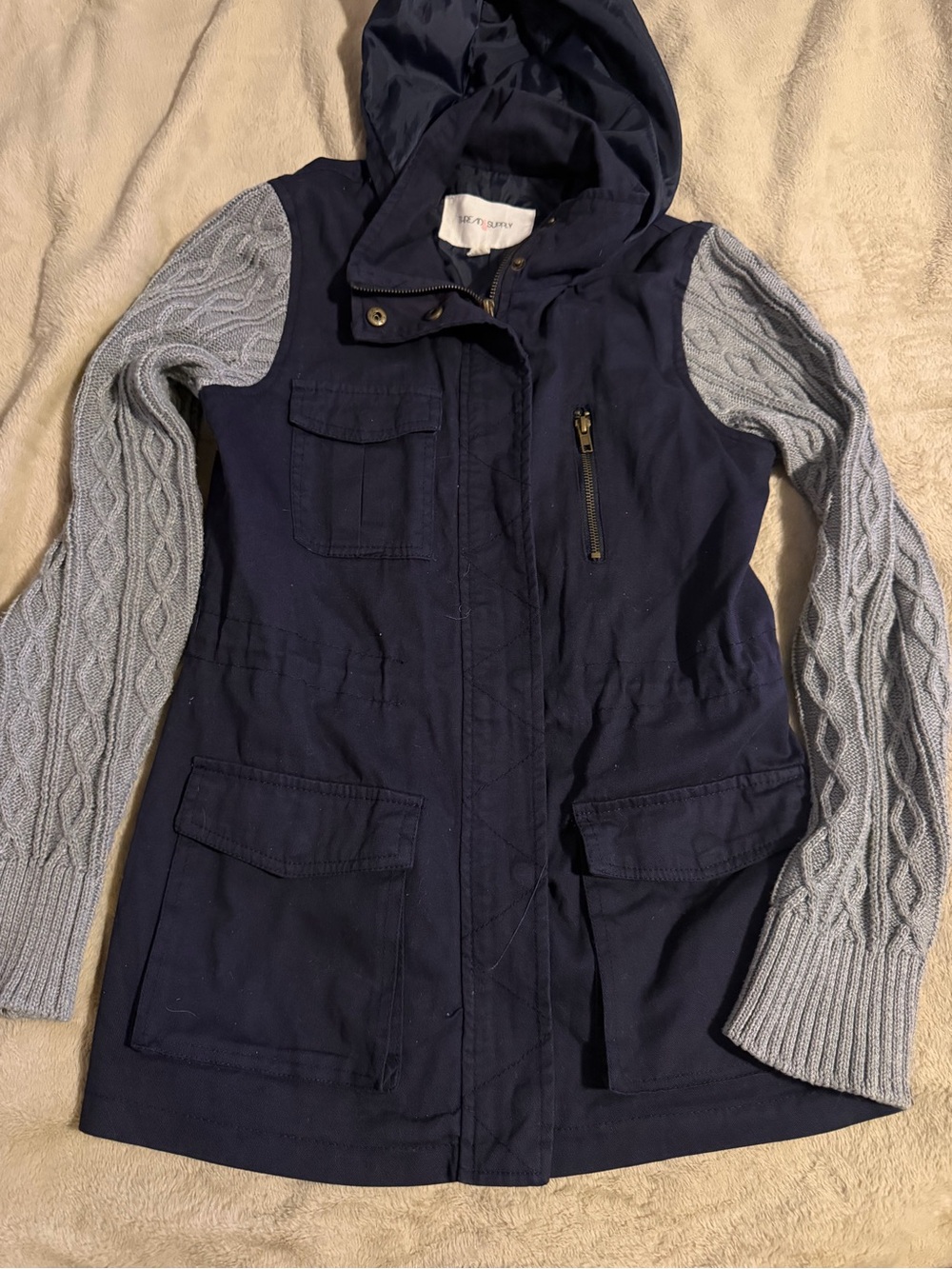 Thread & Supply Navy Utility Jacket Gray Cable Knit Sleeves Hooded Size Small